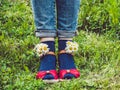 Women`s legs, fashionable shoes and bright socks Royalty Free Stock Photo