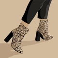 Women`s legs in leopard-print boots and black trousers. Vector fashion background