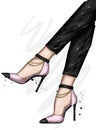 Women`s legs in stylish high-heeled shoes and trousers. Fashion and style, clothing and accessories. Vector illustration.