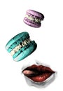 Women`s lips closed mouth and with the corner of the lips sticking out the tip of the tongue and the top falling macaroons