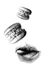 Women`s lips closed mouth and with the corner of the lips sticking out the tip of the tongue and the top falling macaroons