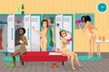 Women`s locker room in the spa salon. Girls dress, dry hair