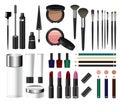 Women`s makeup brush and cosmetics accessories on white isolated background vector set Royalty Free Stock Photo