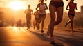 Women\'s marathon competition, early morning, group of women athletes running close up low angle shot, Generative AI