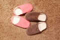 Women`s and men`s slippers standing on the carpet. Two pairs of house shoes Royalty Free Stock Photo