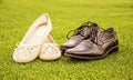 Women`s and men`s wedding shoes, yellow filter Royalty Free Stock Photo