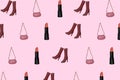 women\'s minimal wallpaper copy paste lipstick, purse and boots on a pastel pink background