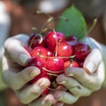 Women`s palms are filled with ripe red sweet cherries.