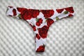 Panties flower printed, red roses on white sponge background Royalty Free Stock Photo