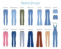 Women`s pants collection, vector sketch illustration.