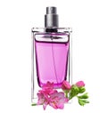 Women's perfume in beautiful bottle and freesia isolated