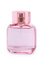 Women`s perfume in beautiful pink bottle isolated on white background Royalty Free Stock Photo