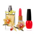 Women's perfume in bottle, lipstick, nail polish Royalty Free Stock Photo