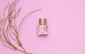 Women`s perfume in glass bottle on pink background. Top view, flat lay Royalty Free Stock Photo