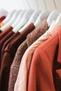 Women`s pink, burgundy things hang on hangers in the store.