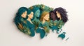 Women's profiles, embedded in nature and the earth map, as a symbol of global unity and peace, women's day concept