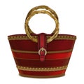 Women`s red handbag with a round bamboo handle decorated with a buckle