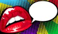 Women`s Red Lips Comics. Vector bright dynamic cartoon illustration. Pop Art style.