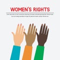 Women`s rights concept. three female raised hands