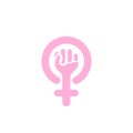Women`s rights symbol, female fist with a cross in a circle sign, vector logotype template.
