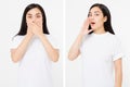 Women's rights. Before after young asian woman show gesture hush shh silent close mouth by hands. Beautiful chinese woman