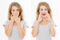 Women's rights. Before after young woman show gesture hush shh silent close mouth by hands. Blonde young beautiful woman