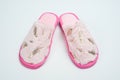 Women's room slippers with faux fur and pink soles