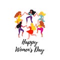 Women`s round dance. Six women hold hands. Vector illustration on March 8th.