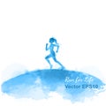 Women`s running silhouette on watercolor background. Runner vector illustration. Feminism concept. Digital art painti