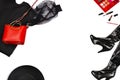 Women`s set of fashion accessories in black and red color on white background: shoes, pullover, hat, handbag and cosmetics. Top Royalty Free Stock Photo