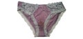 Women\'s sexy pink and gray cotton lace panties with traces of socks isolated on white