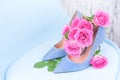 Women`s shoes blue high-heeled. Elegant shoes and a bouquet of roses in the interior. A gift for a girl in the feast of women. Royalty Free Stock Photo