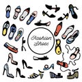Women`s shoes collection: flats, pumps, heels, wedges, sandals, flatform, mules. Vector illustration from ink sketch.