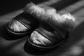 Women`s slippers with a sheepskin on a wooden floor. BW photo