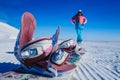 Snowboard boots in the foreground in winter on the mountain Royalty Free Stock Photo