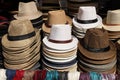 Women`s summer hats and scarves at the street market Royalty Free Stock Photo