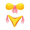 Women\'s swimsuit bikini in yellow color with pink tie. Cartoon style. Summer time symbol. Vector illustration Royalty Free Stock Photo