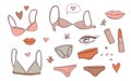 Women`s underwear lingerie bras panties, lips, lipstick, flowers set stickers