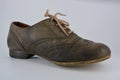 Women`s unusual gray brown shoes, shoes from genuine leather in the English style.