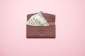 Women`s wallet with money on pink background. Top view Royalty Free Stock Photo