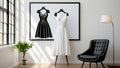 Women\'s wardrobe. Fashion and style. A black luxury dress hangs on a hanger. White light bedroom