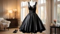 Women\'s wardrobe. Fashion and style. A black luxury dress hangs on a hanger. White light bedroom