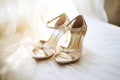 Women's wedding open high heel shoes close-up on light background. preparing the bride for wedding Royalty Free Stock Photo