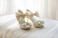 Women's wedding open high heel shoes close-up on light background. preparing the bride for wedding Royalty Free Stock Photo