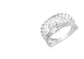 Women`s wide ring in white gold with many small and one large diamond, isolated on a white background.