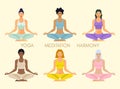 Women s Yoga, Young girls in sports Uniforms, Different Nationalities, meditating young healthy women. Harmony health