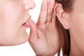 Women said, woman listening to gossip on a white background.