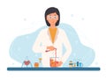 Women scientist carrying out the experiment. Chemist laboratory concept. Modern flat vector illustration.