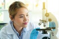 Women scientist research and looking microscope in a laboratory. Health care scientific experiment working in lab Royalty Free Stock Photo