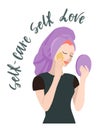 Women self care. Vector illustration with woman with funny slogan about yourself love. Self care Self love. Calligraphy